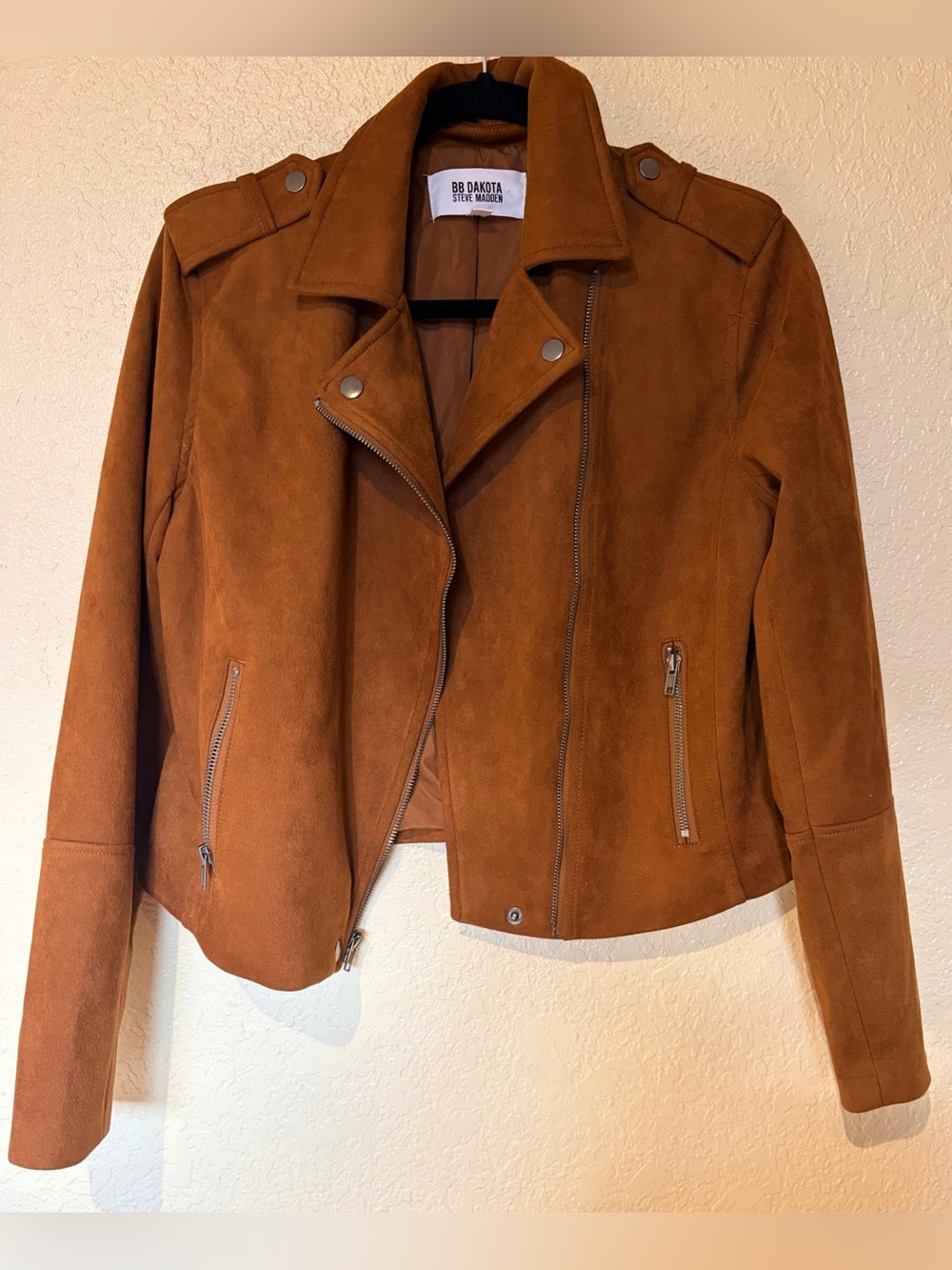 BB Dakota Steve Madden Suede Moto Jacket in Cognac Brown